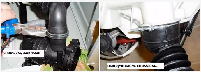 Процесс демонтажа спускного патрубка СМА